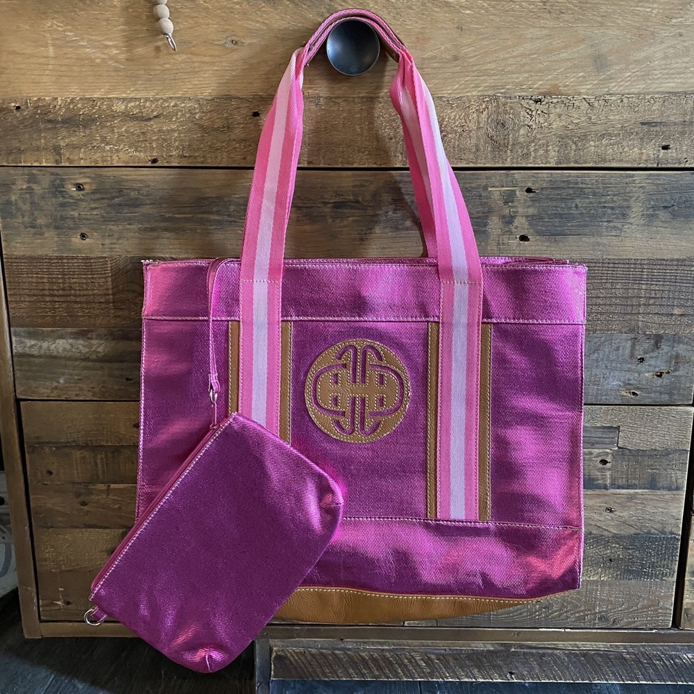 Vtg KATE LANDRY Extra Large XL Pink Stripe Trim Metallic Tote Shoulder Handbag